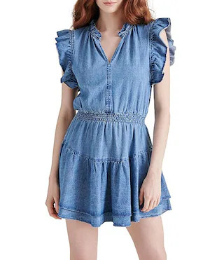 Prairie Dreams Chambray V-Neck Short Flutter Sleeve Tier Mini Dress | Dillard's