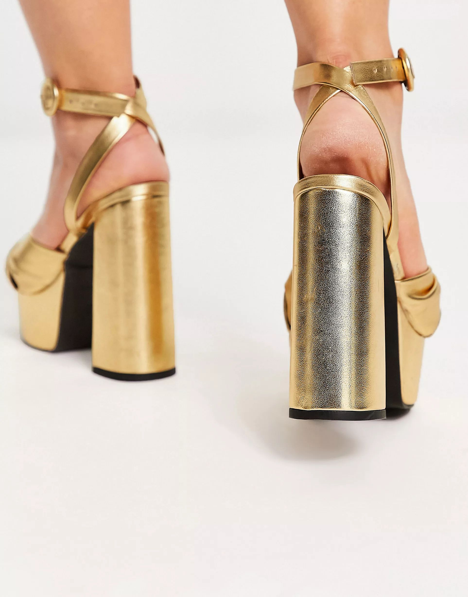ASOS DESIGN Wide Fit Natia knotted platform heeled sandals in gold | ASOS (Global)