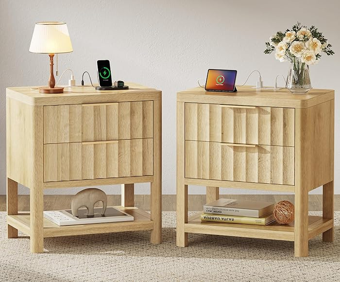 Huuger 27.6 Inch Tall Night Stands with Charger Station, USB-C Port, Fluted Nightstand Set of 2, ... | Amazon (US)