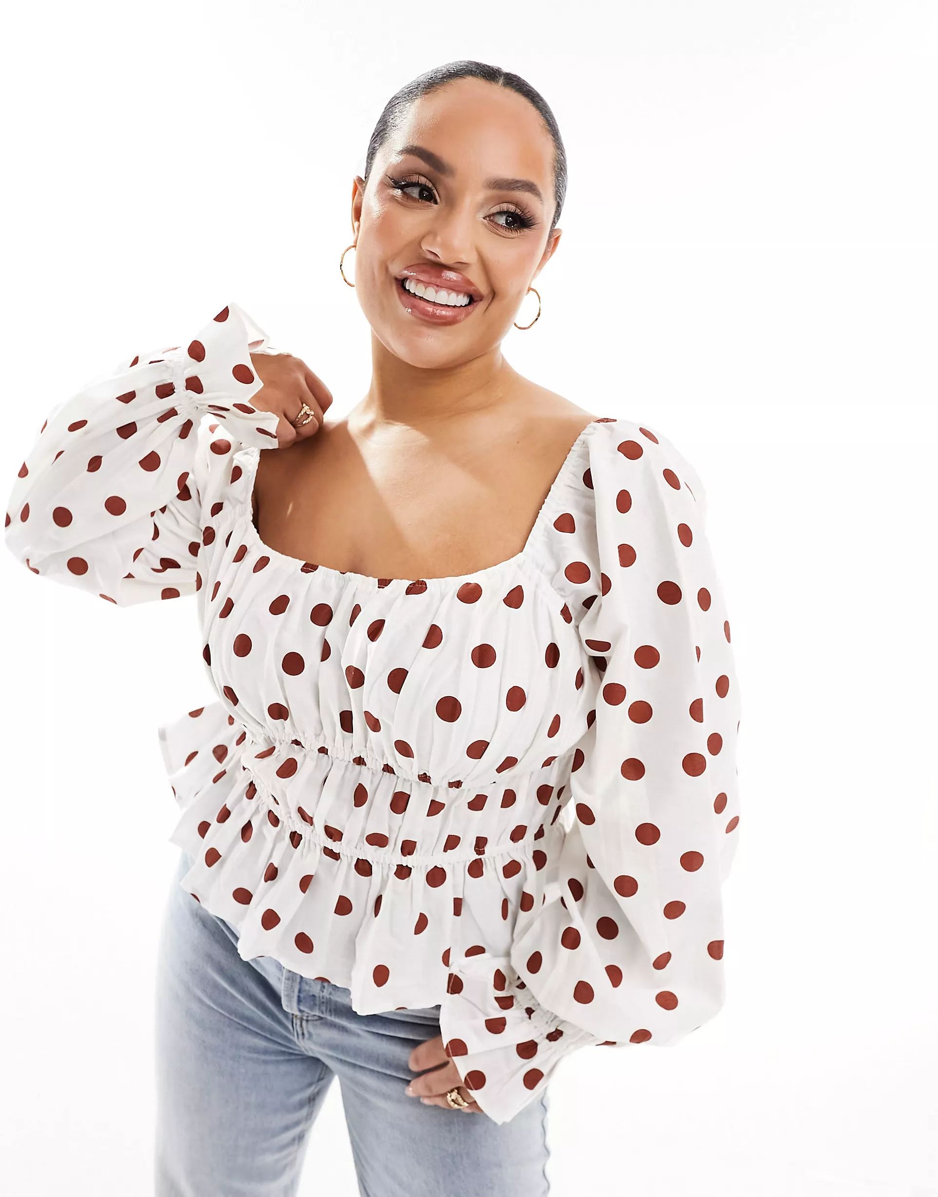ASOS DESIGN Curve puff sleeve square neck blouse in spot print | ASOS (Global)