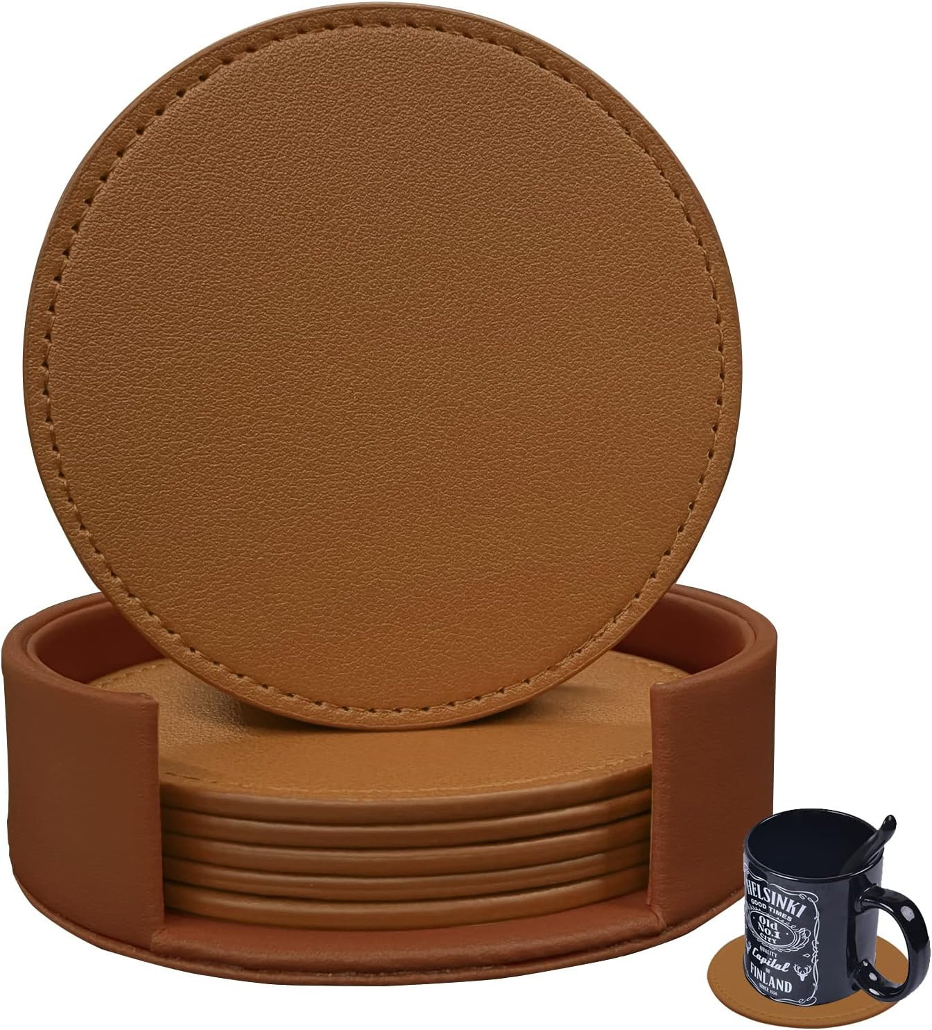 Coasters Set of 6 Soft Leather Drink Coaster Round Coaster with Sewing Around, Suitable for Various Cups, Wooden Tables,Home Decoration,4 Inches(Brown) | Amazon (US)