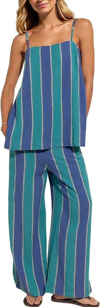 Eutten Womens Linen Set Striped 2 Piece Lounge Sets Spaghetti Strap Cami Top & Wide Leg Pants Sum... | Amazon (US)