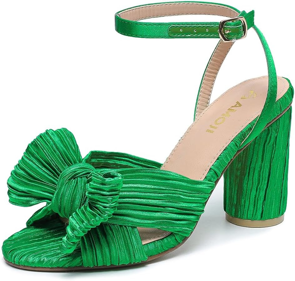 Amoji Women's Satin Block Heeled 3 Inch-4 Inch Sandal Bowknot Pleated Ankle Strap for Wedding Par... | Amazon (US)