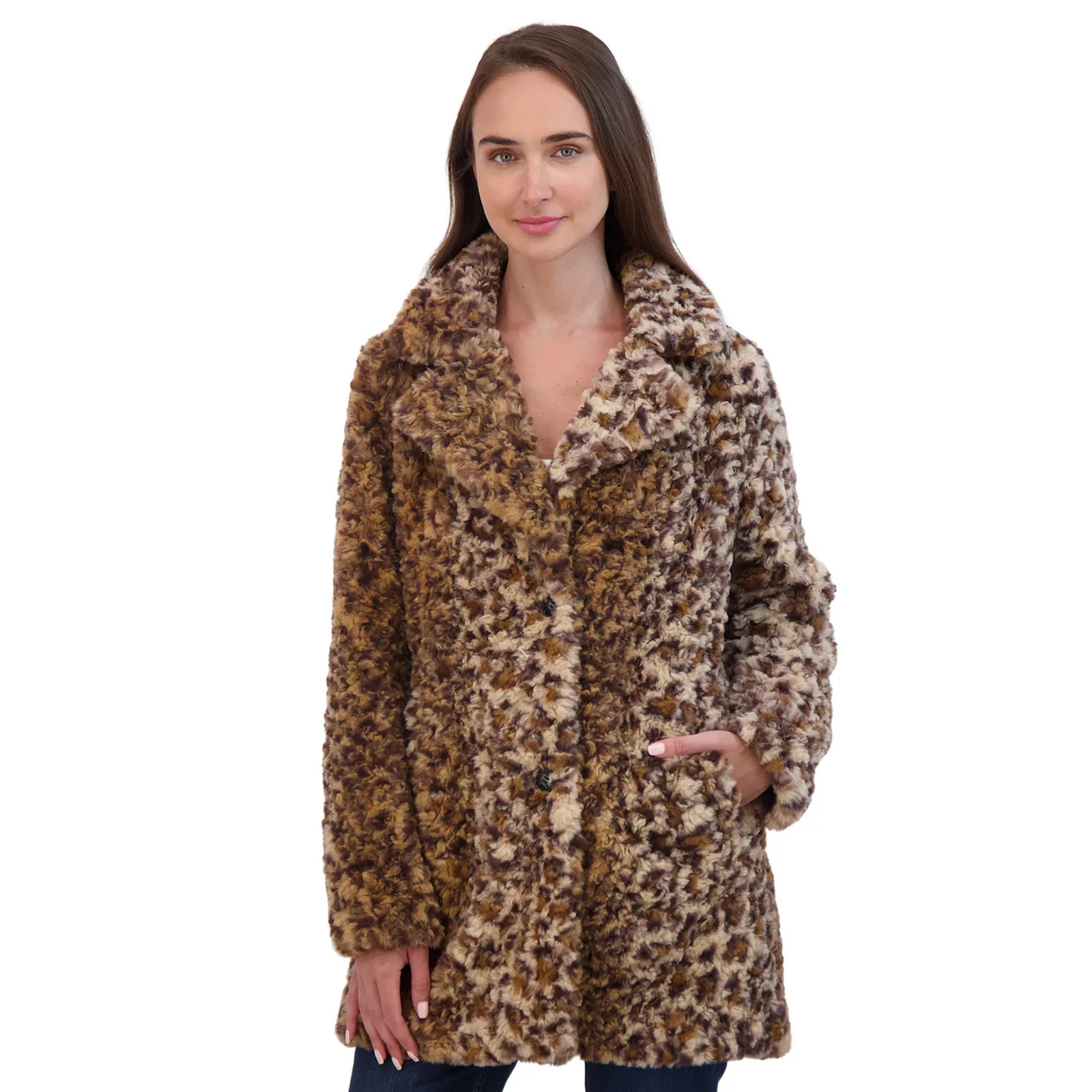 Women's Sebby Collection Crushed Faux Fur Walking Coat, Size: Large, Leopard | Kohl's
