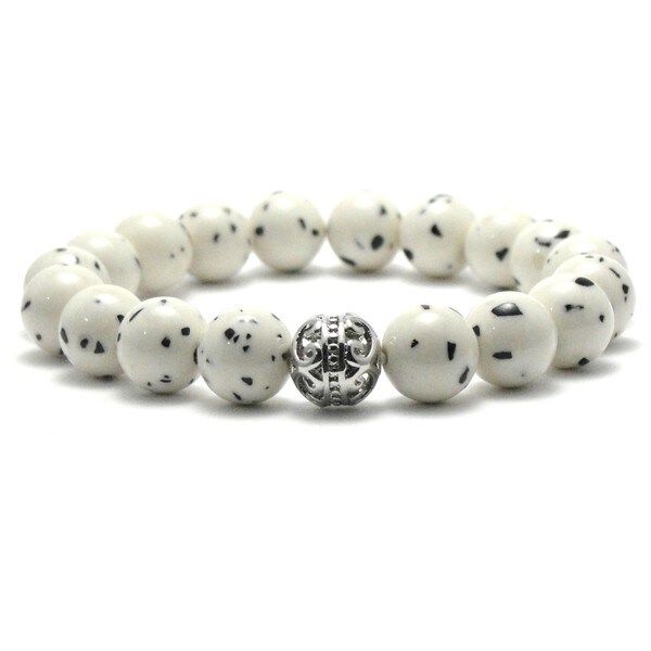 Women's 10mm White and Black Spotted Natural Beads Stretch Bracelet | Bed Bath & Beyond