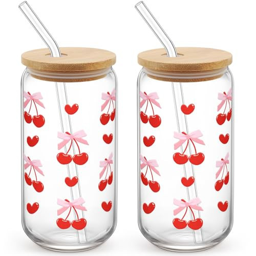 2 Pack Cute Cherry Glass Cups with Lids and Straws for She's the Cherry on Top Themes Birthday Decorations 16 oz Smoothie Glass Iced Coffee Cups With Cleaning Brushes | Amazon (US)