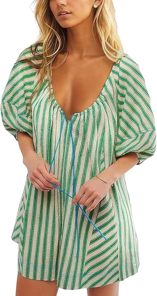ebossy Womens Summer Casual Striped Rompers Puff Sleeve Wide Leg Shorts Jumpsuit Loose Fit Vacati... | Amazon (US)