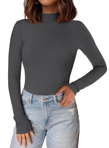 PRETTYGARDEN Women's Turtleneck Long Sleeve Shirts 2025 Fall Basic Tees Ribbed Fitted Tops Thermal Layering Knit Top Clothes (Dark Grey,Medium) | Amazon (US)
