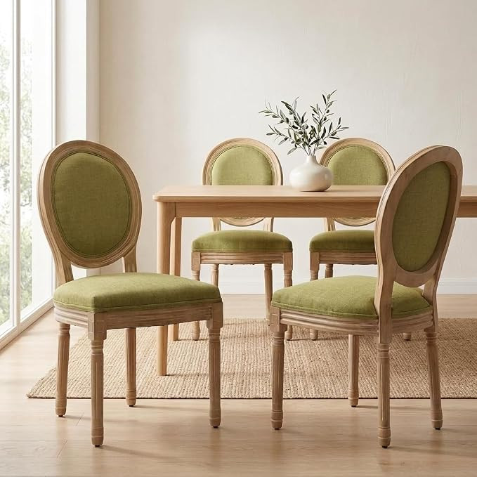 French Country Dining Chairs Set of 4, Olive Round Back Dining Chairs with Linen Upholstered Seat... | Amazon (US)