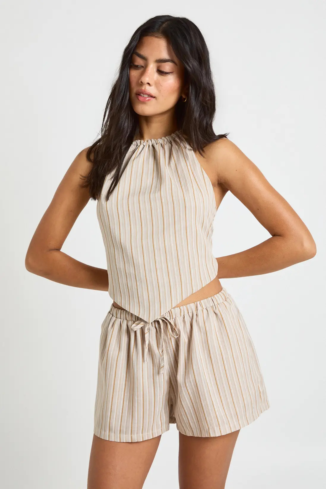 Stone Linen Look Stripe Halter Top | Boohoo | Boohoo.com (UK & IE)