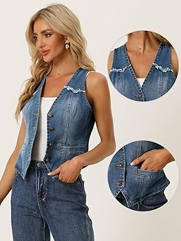 Allegra K Denim Vest for Women's Sleeveless V Neck Washed Distressed Jean Jacket | Amazon (US)