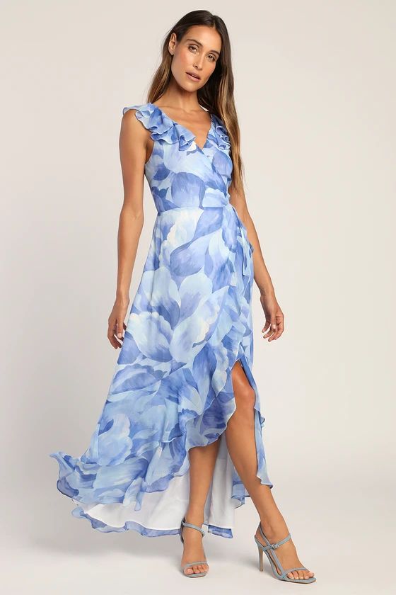 Elevate the Occasion Blue Floral Print Ruffled Wrap Maxi Dress | Lulus (US)