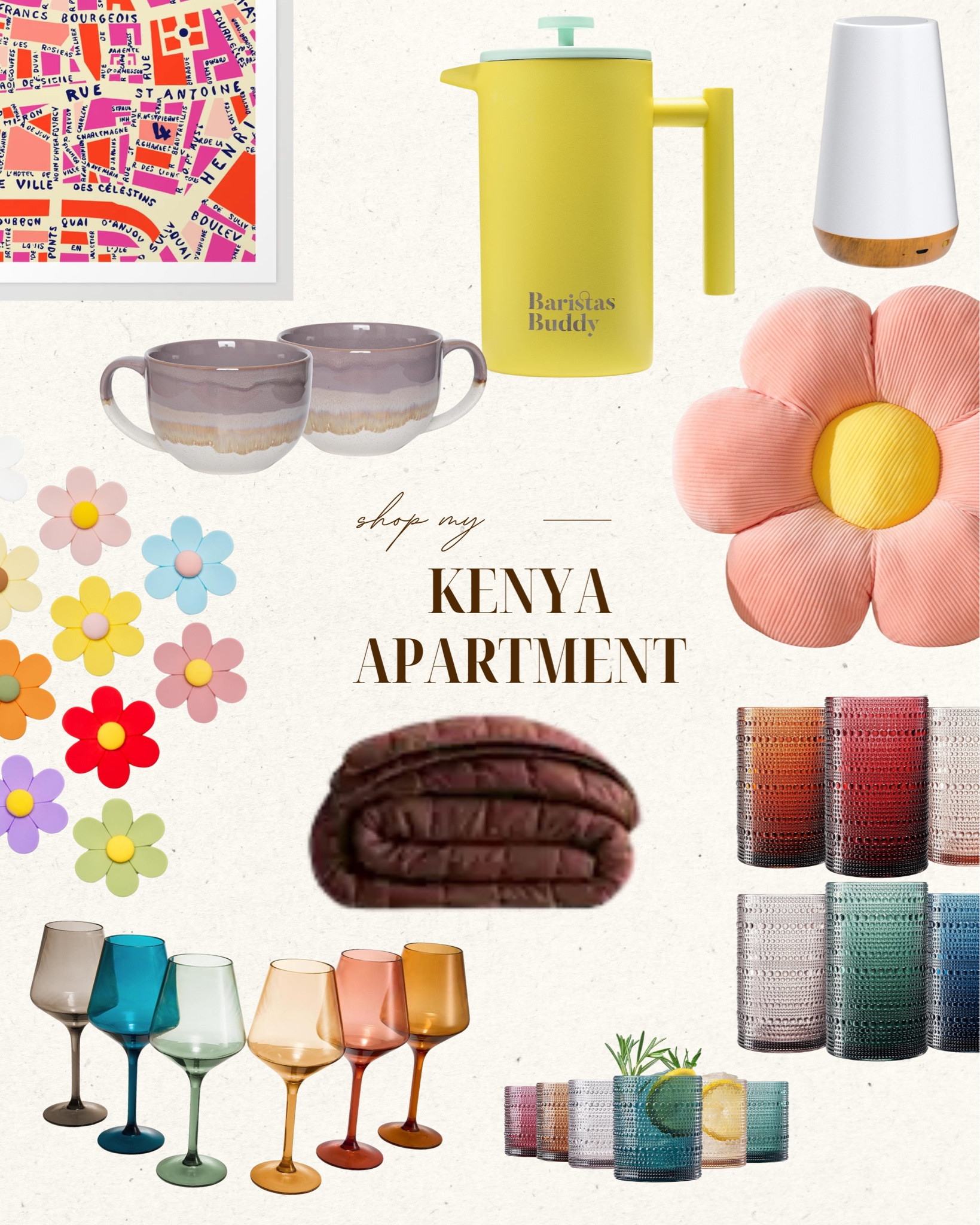 A little roundup of the colorful, cozy, and  practical things I brought for my Kenya apartment—each one earns its keep daily. From my flower-shaped pillow to the prettiest (shatterproof!) glasses I’ve ever owned, these are the things that make this place feel like home. Linked everything I could 🌸

#LTKHome #LTKGiftGuide #LTKTravel