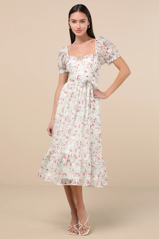 Galiena Ivory Floral Tiered Puff Sleeve Midi Dress | Lulus