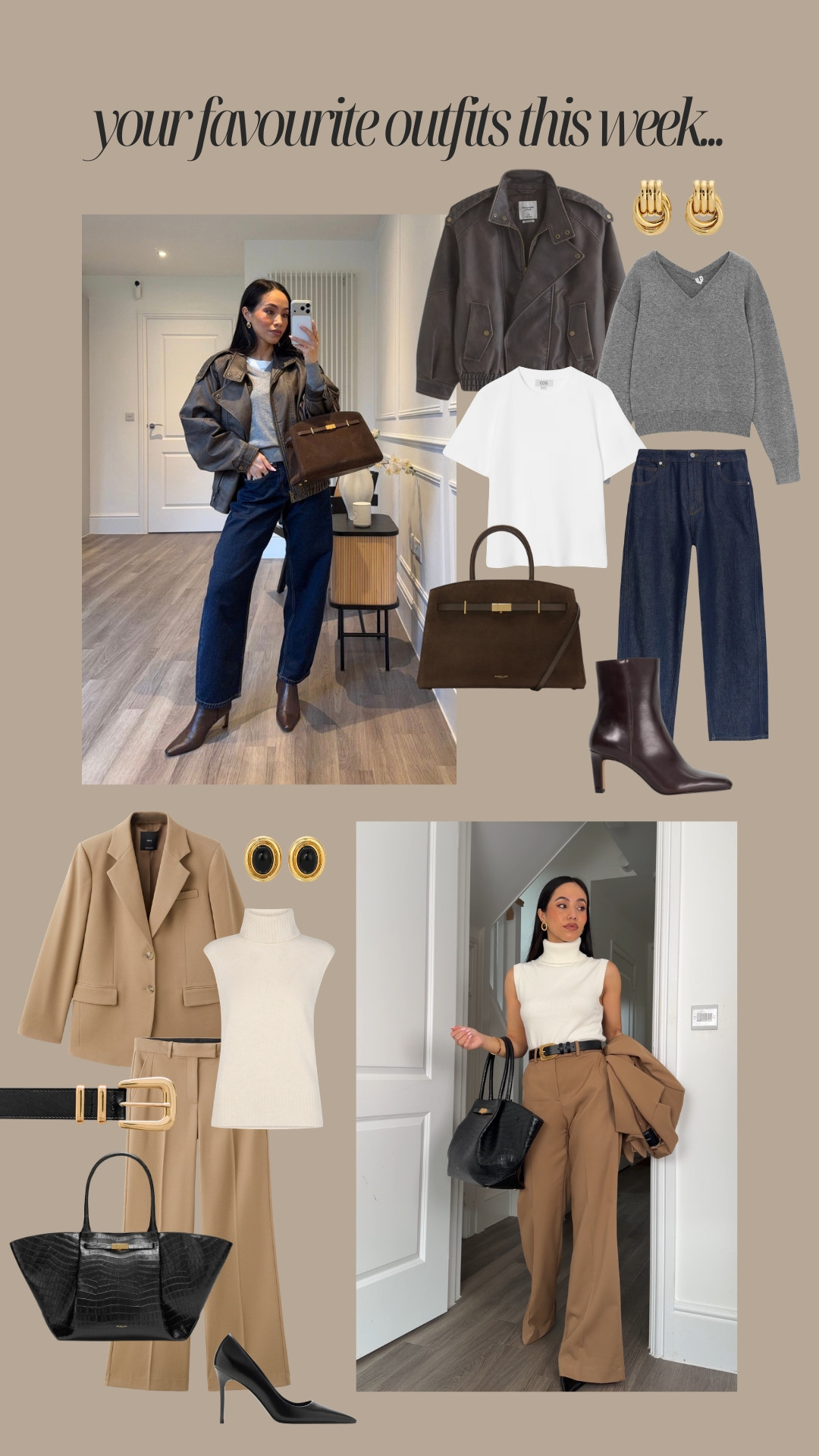 Your favourite outfits this week... Cool girl vs chic girl. Oversized leather with layered knit and classic white t-shirt, barrel jeans and brown leather boots and suede bag. Camel blazer and tailored trousers, with a cream knit vest and black leather accessories. 

 

#LTKXAbercrombieDenim #LTKspring #LTKstyletip