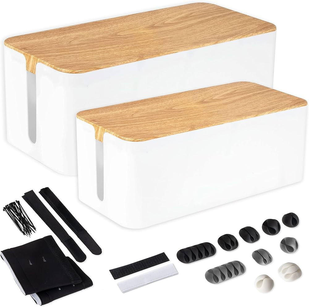 Iron Forge Cable Cable Management Box, 2 Pack - White Cord Organizer with Wood Top - Hider for Wi... | Amazon (US)