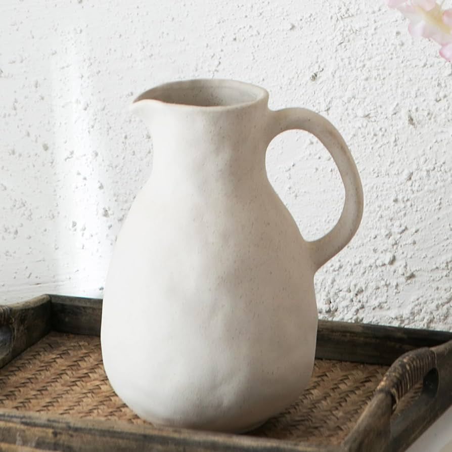 Ceramic Vase with Handle, Modern Farmhouse Pitcher Vase for Home Decor, Rustic Pottery Vase, Deco... | Amazon (US)