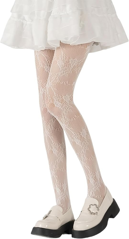 White Tights, Women's Pattern, Tights with Floral Lace Pattern, Lolita Tights, White Hollowed Lac... | Amazon (DE)