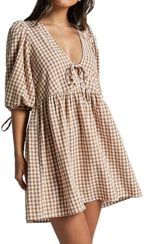 Gingham Babydoll Mini Dress, Puff Sleeve | Amazon (US)