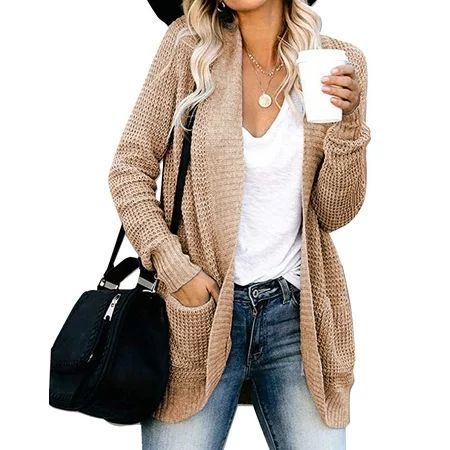 Women s Cable Knit Cardigan Sweater with Pocket Casual Outerwear Soft Basic Knitted Open Front Chunk | Walmart (US)