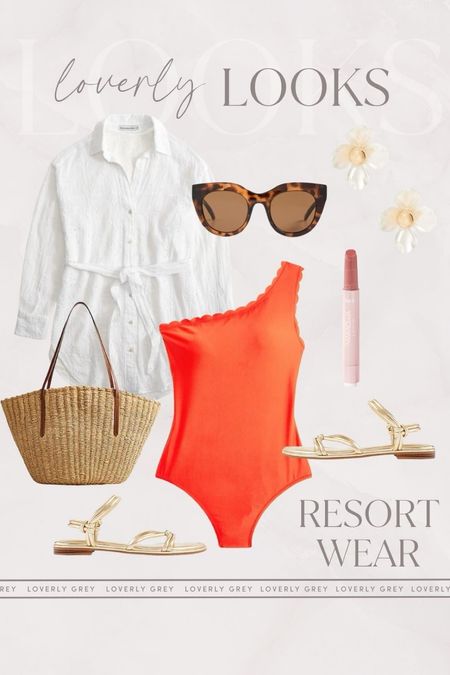 Loverly Grey resort wear outfit idea. This one shoulder scallop detail swimsuit and eyelet coverup are perfect for the beach. 

#LTKstyletip #LTKSeasonal #LTKtravel