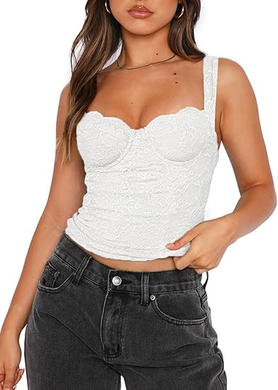 REORIA Women's Summer Sexy Square Neck Sleeveless Going Out Lace Bustier Tank Crop Tops | Amazon (US)