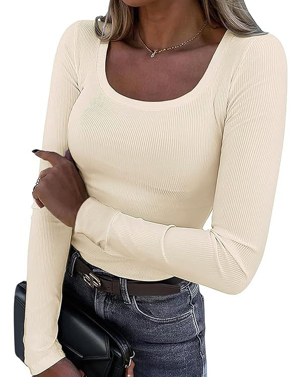 Womens Long Sleeve Shirts Scoop Neck Ribbed Knit Fitted Casual Tops Slim Fitted Basic Tees | Amazon (US)