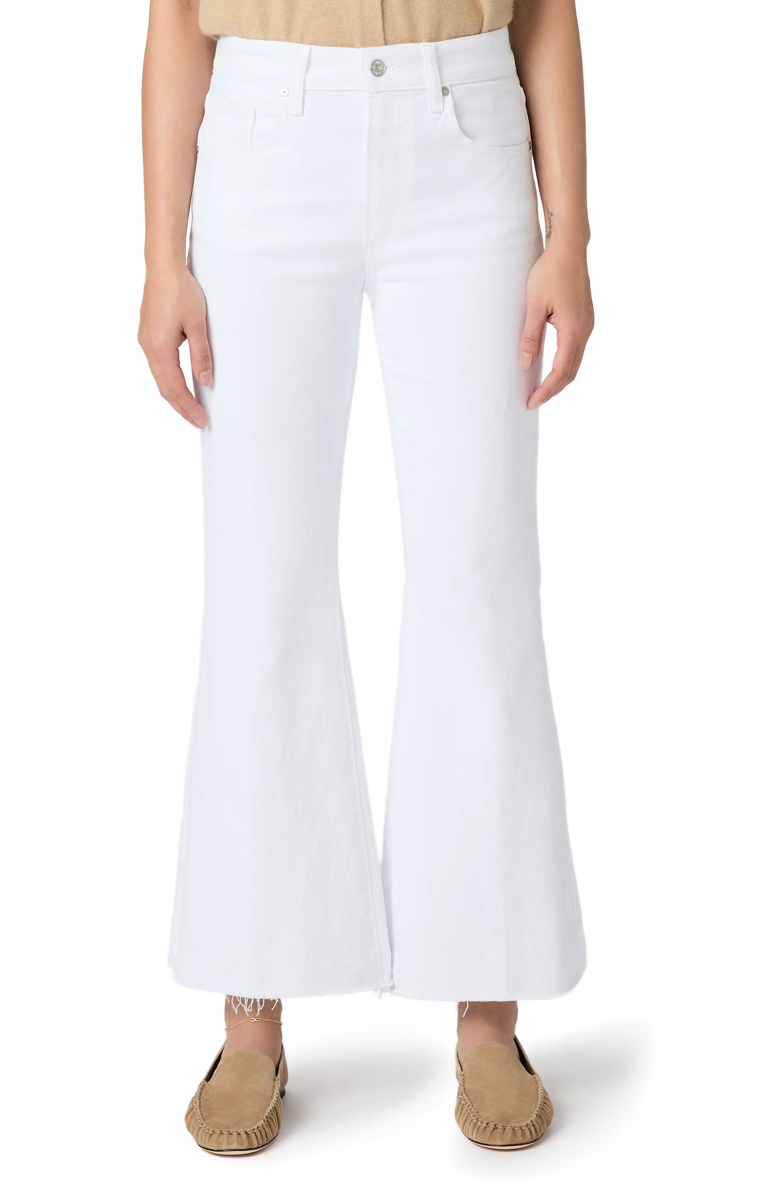 PAIGE Marlow High Waist Raw Hem Ankle Skimmer Flare Jeans in Crisp White at Nordstrom, Size 32P | Nordstrom