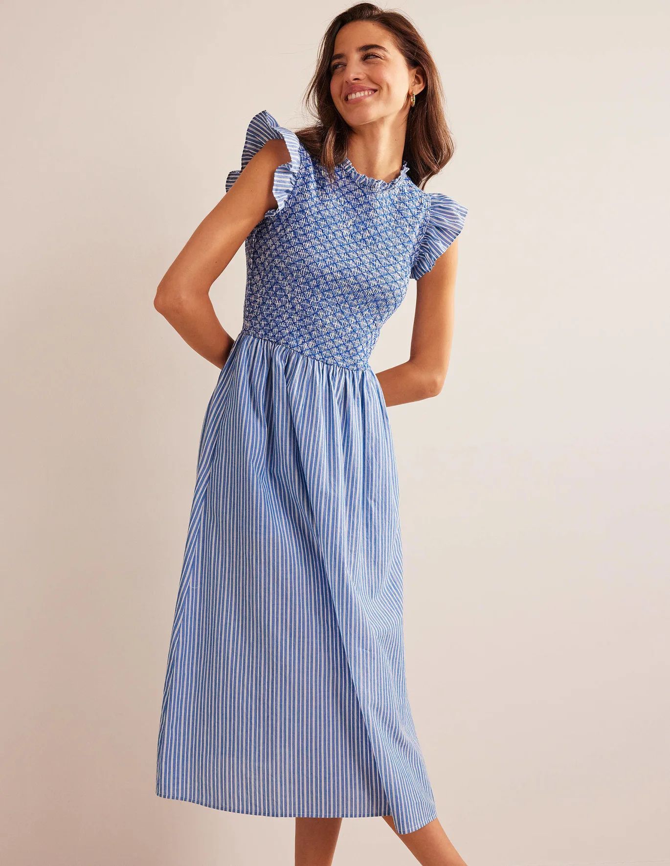 Smocked Stripe Midi Dress - Mid Blue, Leno Stripe | Boden (US)