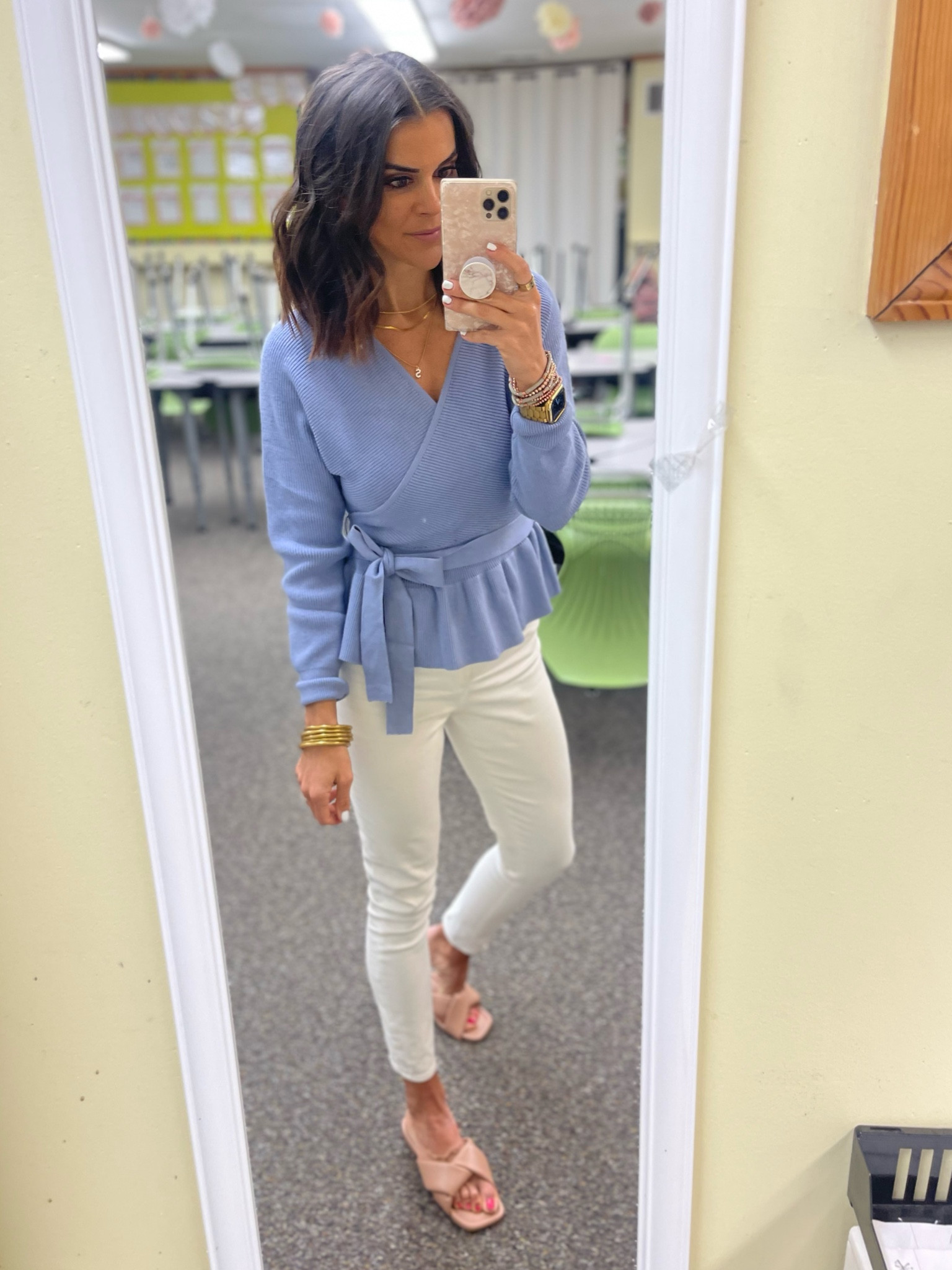 Today’s classroom ootd 
Amazon sweater- size small, has a 20% off coupon! 
Jeans are old, linking similar 
Target slides, Tts

#LTKsalealert #LTKSeasonal #LTKstyletip