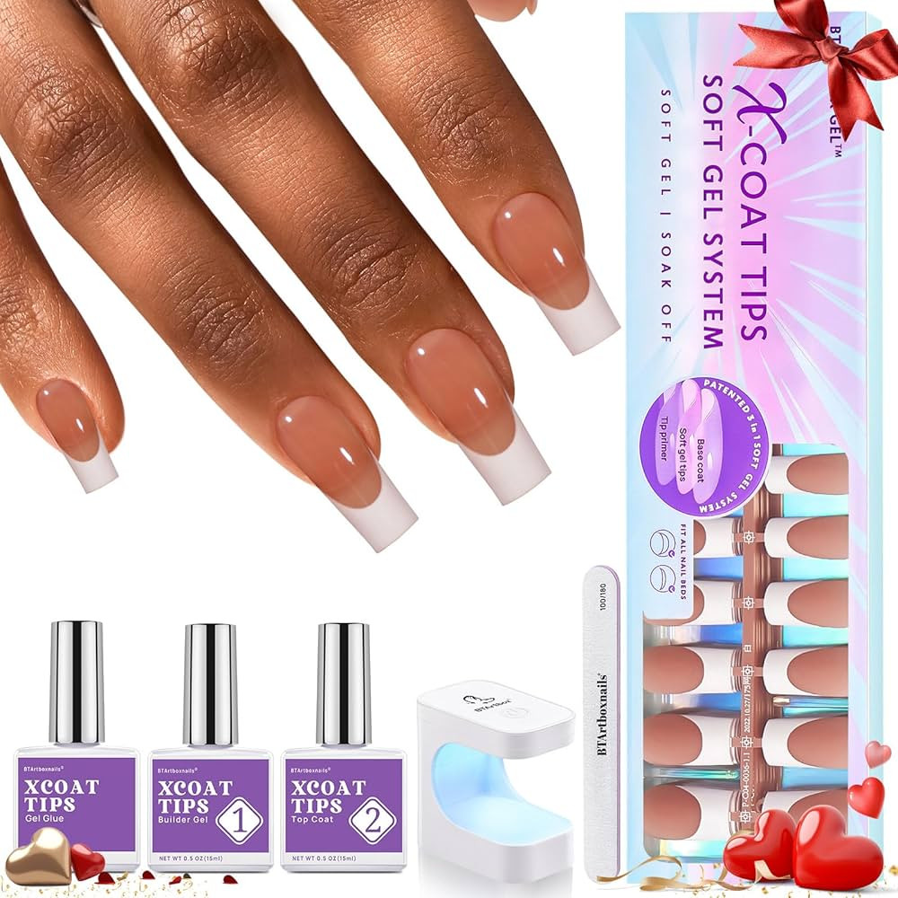 BTArtboxnails XCOATTIPS French Tip Nail Kit - Long Square Brown French Nail Tips with Nail Gel, F... | Amazon (US)