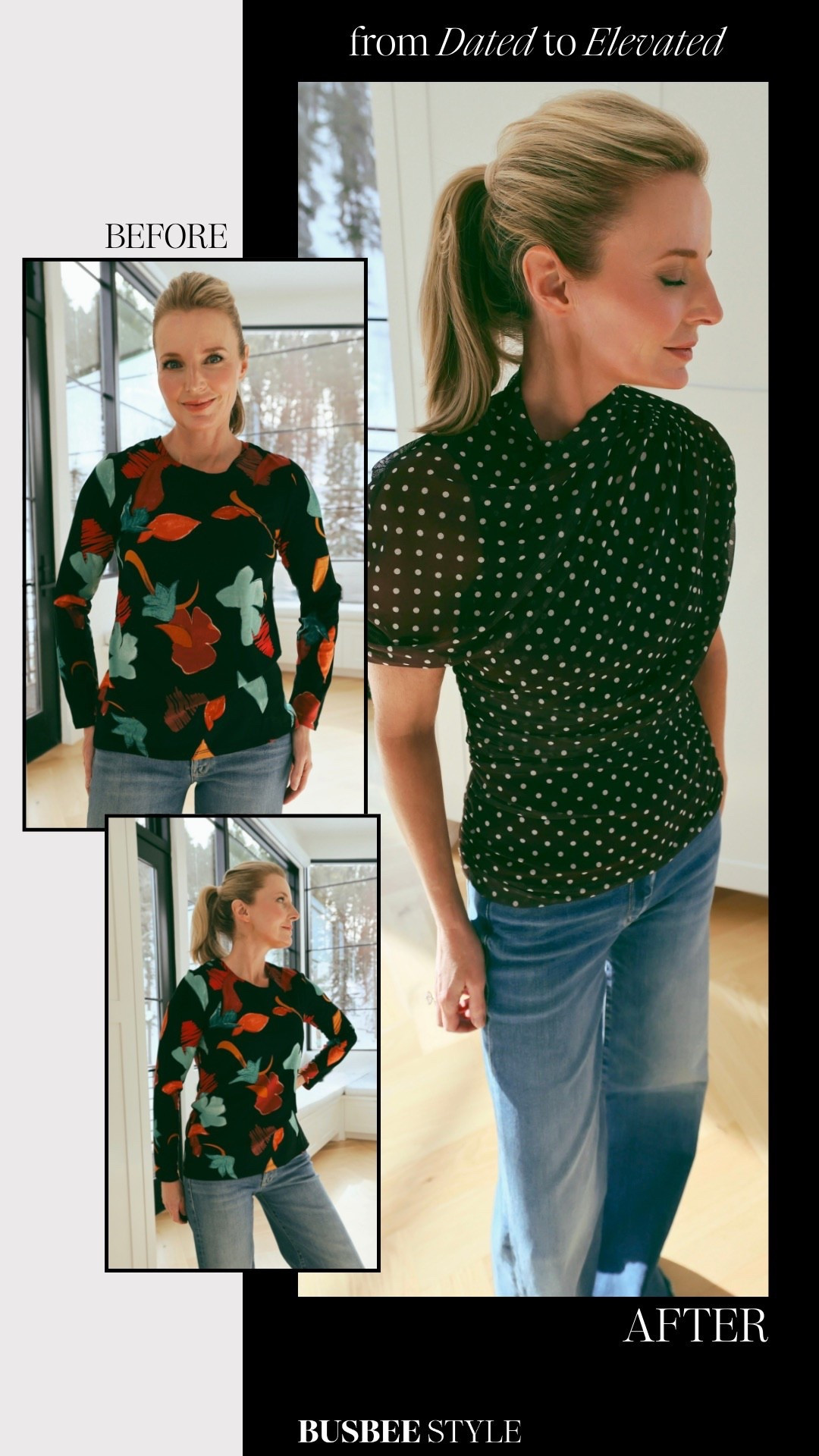 If you’re ever unsure whether a print feels modern or dated, go small.

Delicate polka dots, thin vertical stripes, and elegant florals in softer, natural color palettes tend to feel timeless and sophisticated.

Smaller-scale prints are also more flattering—they don’t overwhelm your frame or add visual bulk. Instead, they enhance your look with subtle interest and polish.

This polka dot blouse print feels refined, not loud. The cape-style silhouette and wrap-front detail add beautiful shape, while the high neckline and lightweight mesh fabric make it incredibly versatile. Pair it with jeans for a casual day out, or dress it up with trousers for an elevated evening look. TTS. 