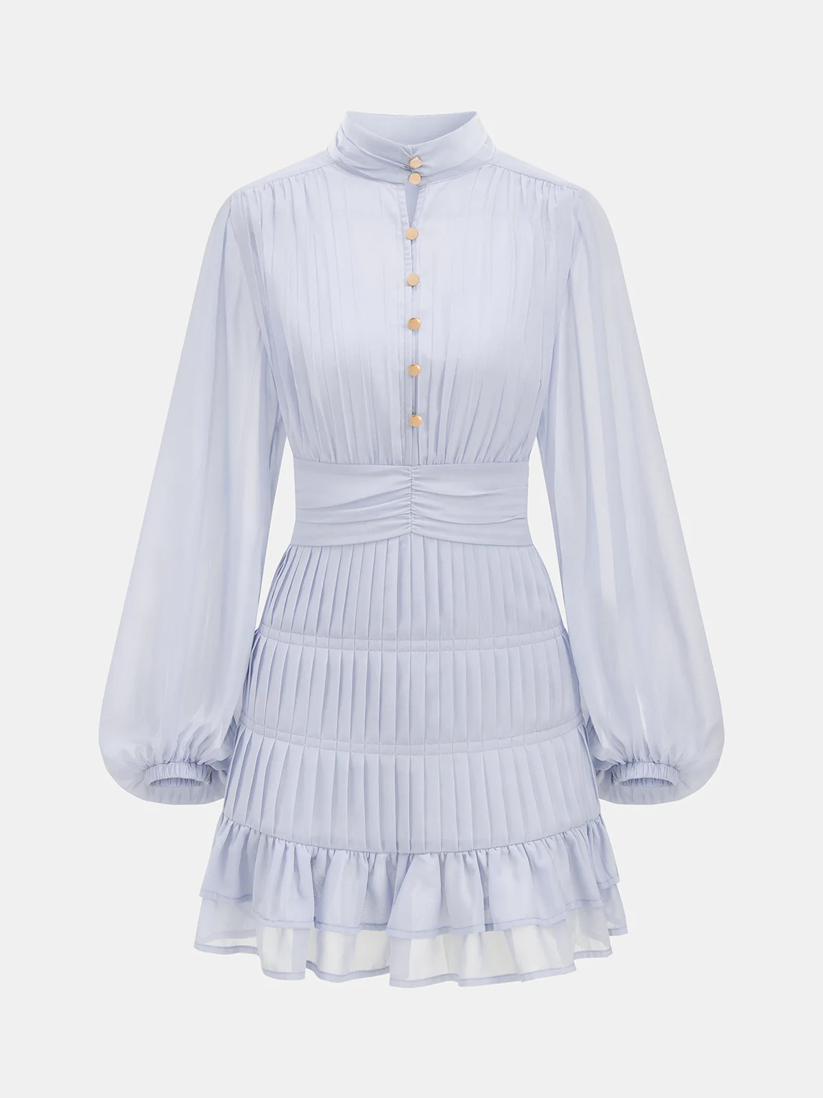 Pleated Button Long Sleeve Ruffled Mini Dress | Commense
