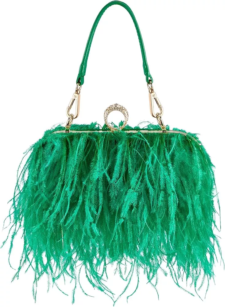 Women Ostrich Feather Tote Bag Fluffy Purse Clutch Feather Evening