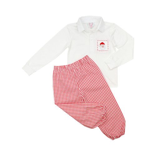 Red Windowpane Smocked Santa Polo Pant Set | Cecil and Lou