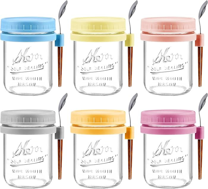6 Pack Overnight Oats Containers with Lids and Spoons - 16 Oz Glass Mason Jars for Overnight Oats... | Amazon (US)
