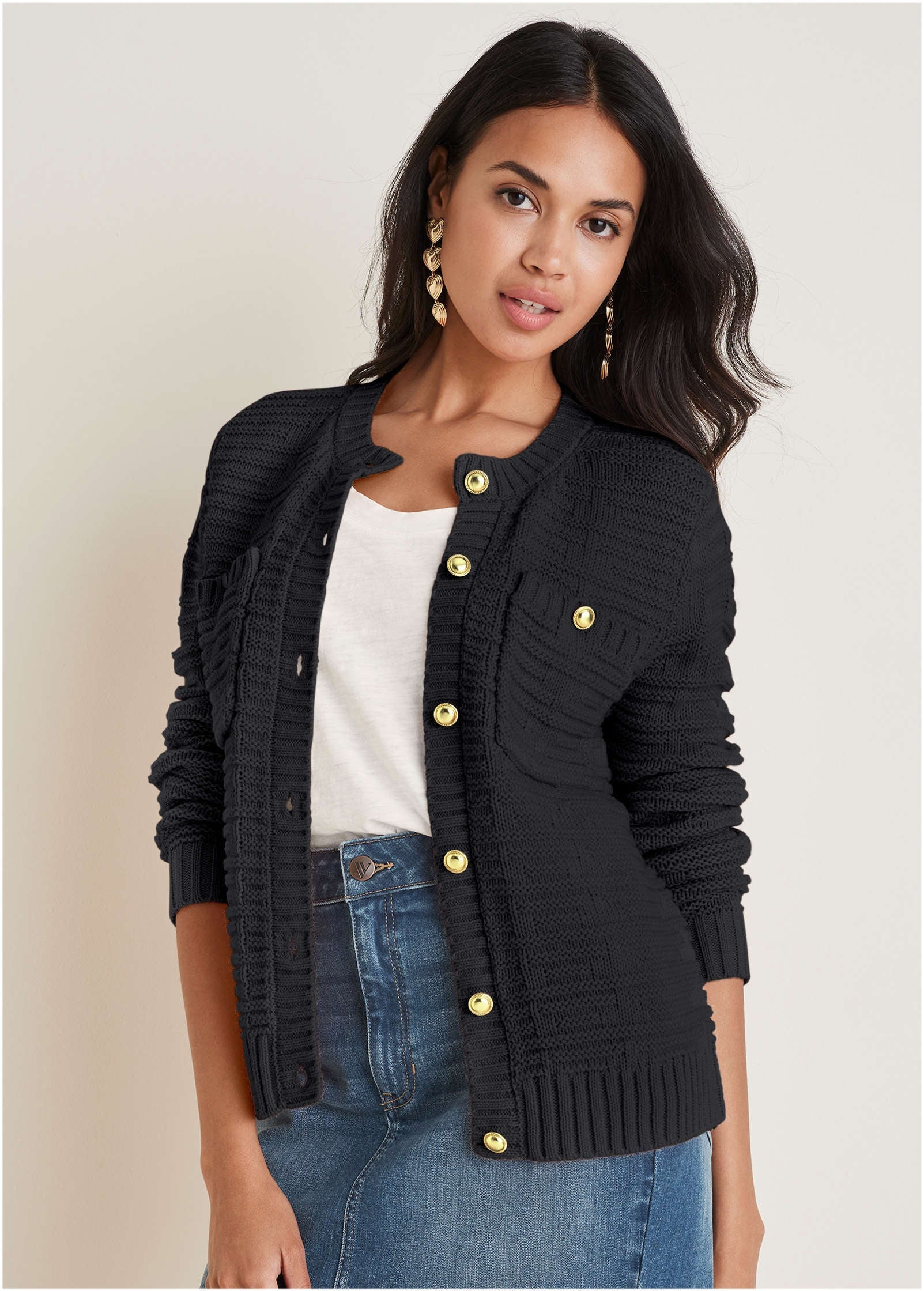 Button Detail Cardigan - Black | VENUS