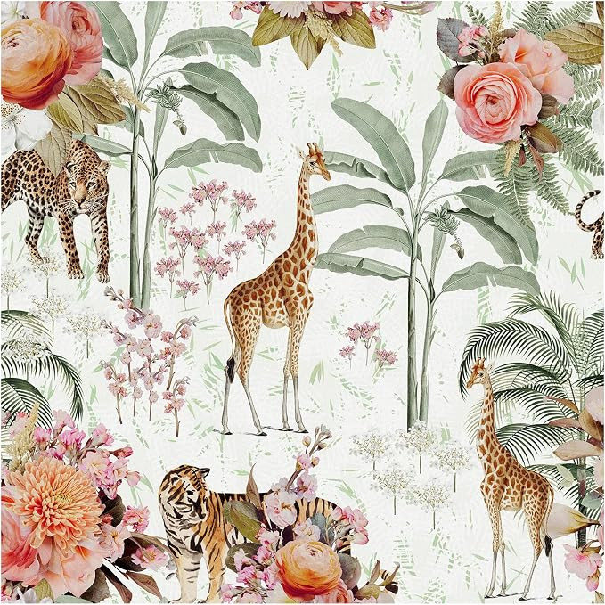 HAOKHOME Forest Peel and Stick Floral Wallpaper Jungle Animal Removable White/Green/Pink Vinyl Se... | Amazon (US)