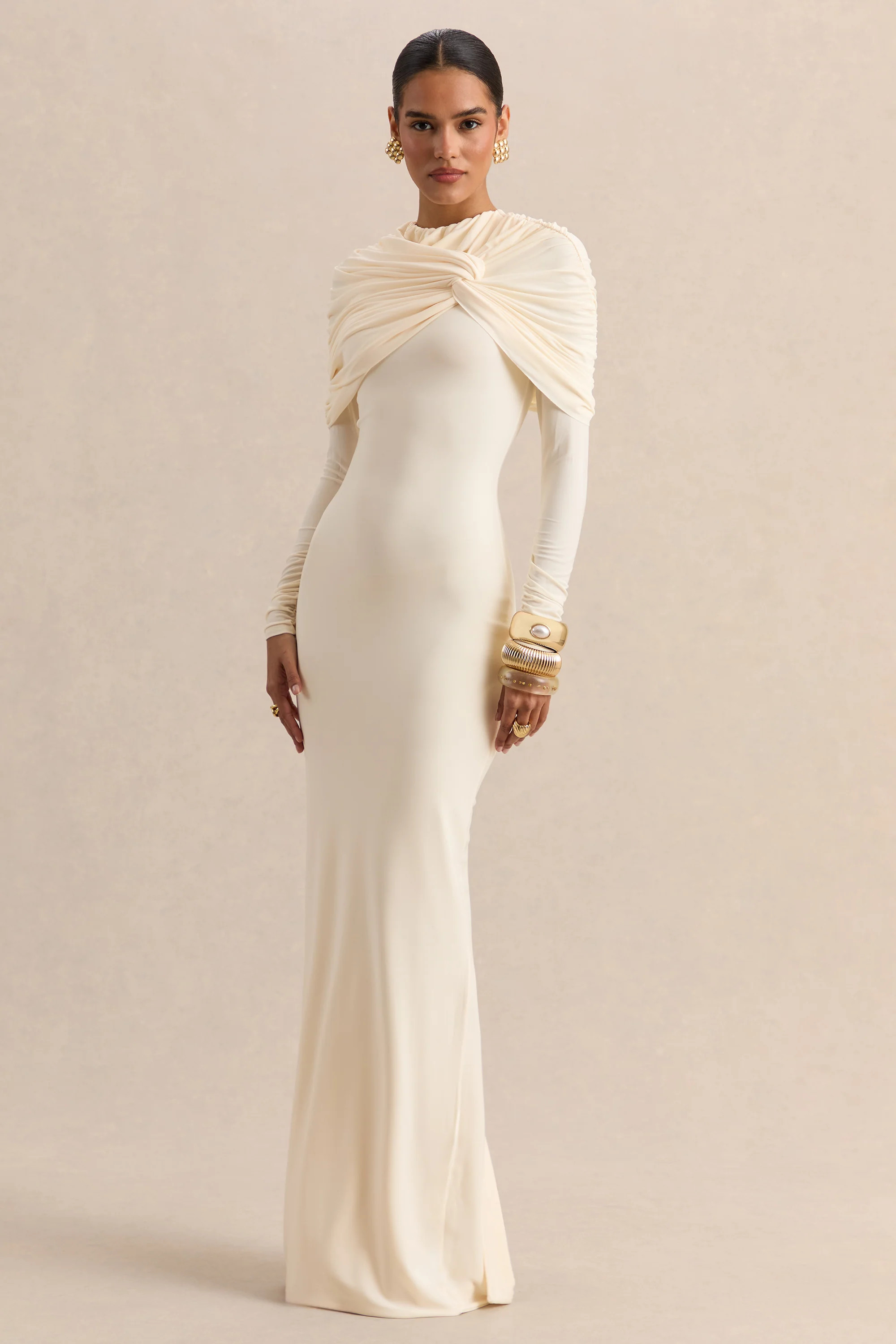 Evessa | Cream Crew-Neck Maxi Dress With Gathered-Detailing | Club L London