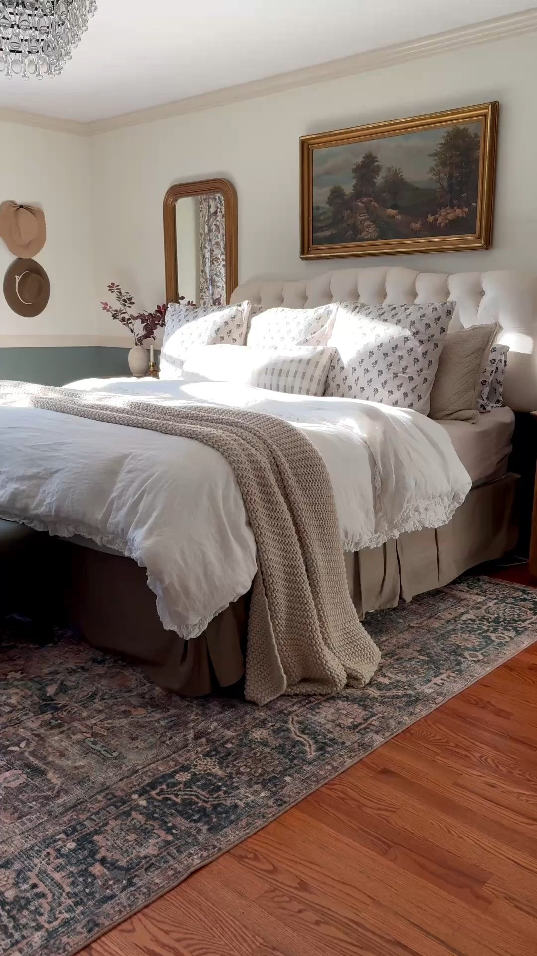 The difference that textiles can make. Sharing two different bedroom looks… linen duvet, bedskirt, upholstered headboard, curtains, crystal chandelier, rug, shams, reversible floral quilt, chunky knit throw blanket, arched gold mirror, ruffled linen duvet set, toile sham, velvet scallop sham

#LTKSaleAlert #LTKSeasonal #LTKHome