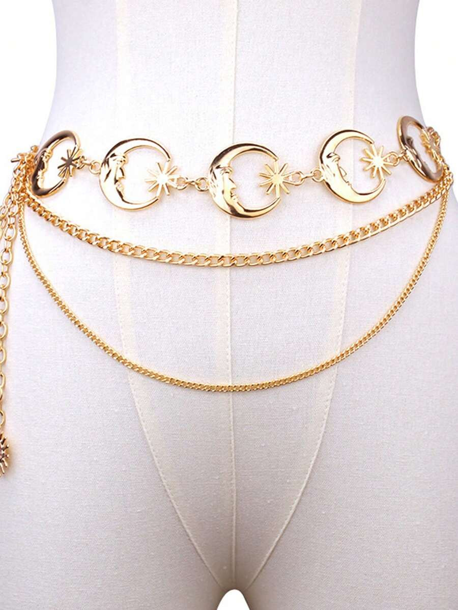 1pc Women's Metal Waist Chain, Versatile Moon Decor Waist Belt, Multi-Layer Metal Cinch Belt, Dre... | SHEIN