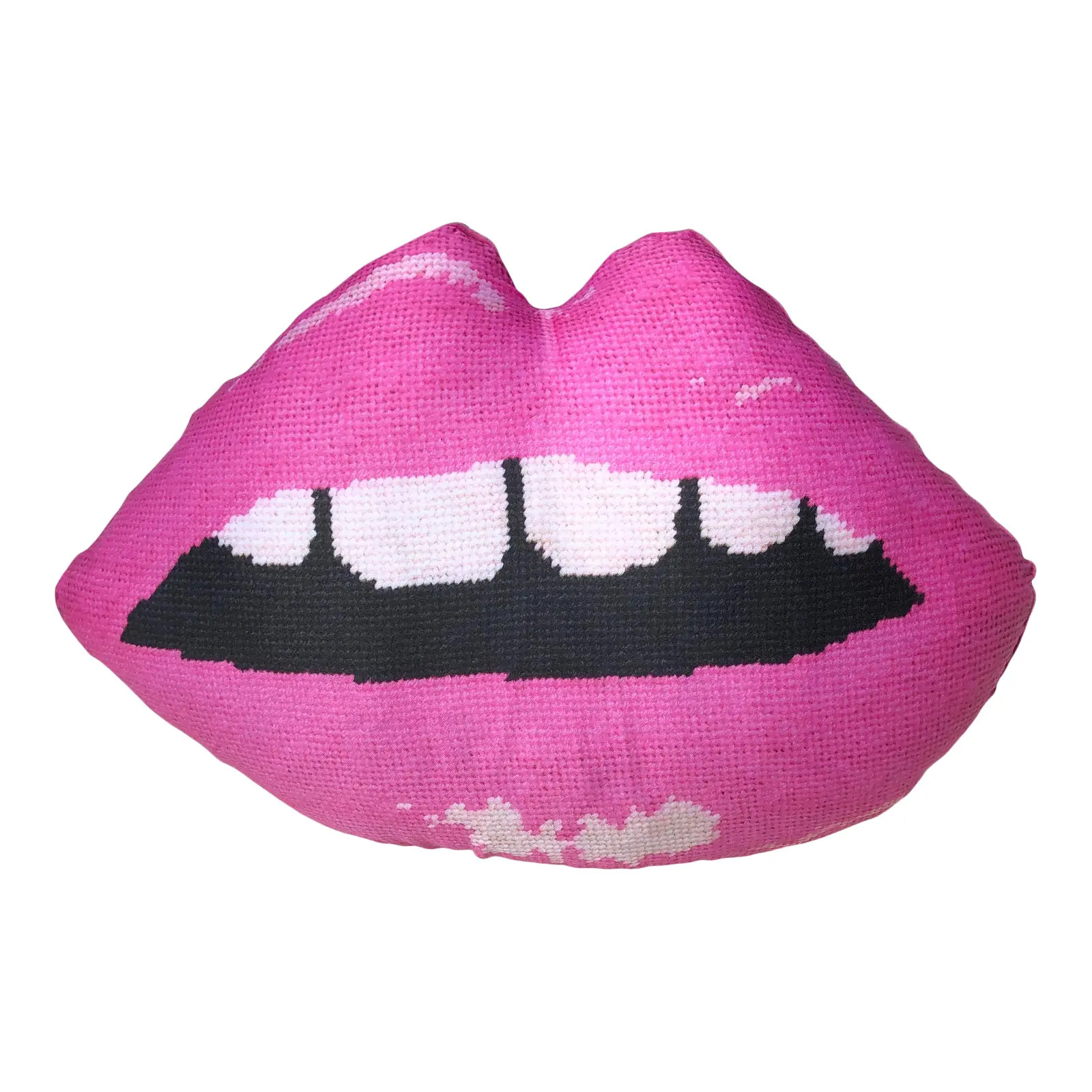 Custom Made Pink Cotton Sateen Sculpted Lips Pillow | Chairish