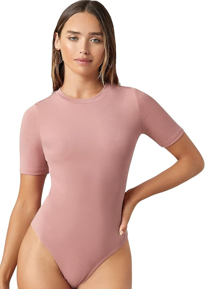 Romwe Women's Short Sleeve Bodycon Round Neck Casual Basic Bodysuit | Amazon (US)