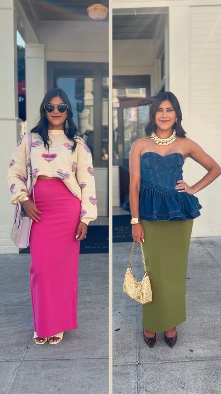 The same skirt in two colors 💗💚, styled two ways! Which one is your favorite?! #latinastyle #LTKPetite #denimtop #lookforless 

#LTKfindsunder50 #LTKstyletip