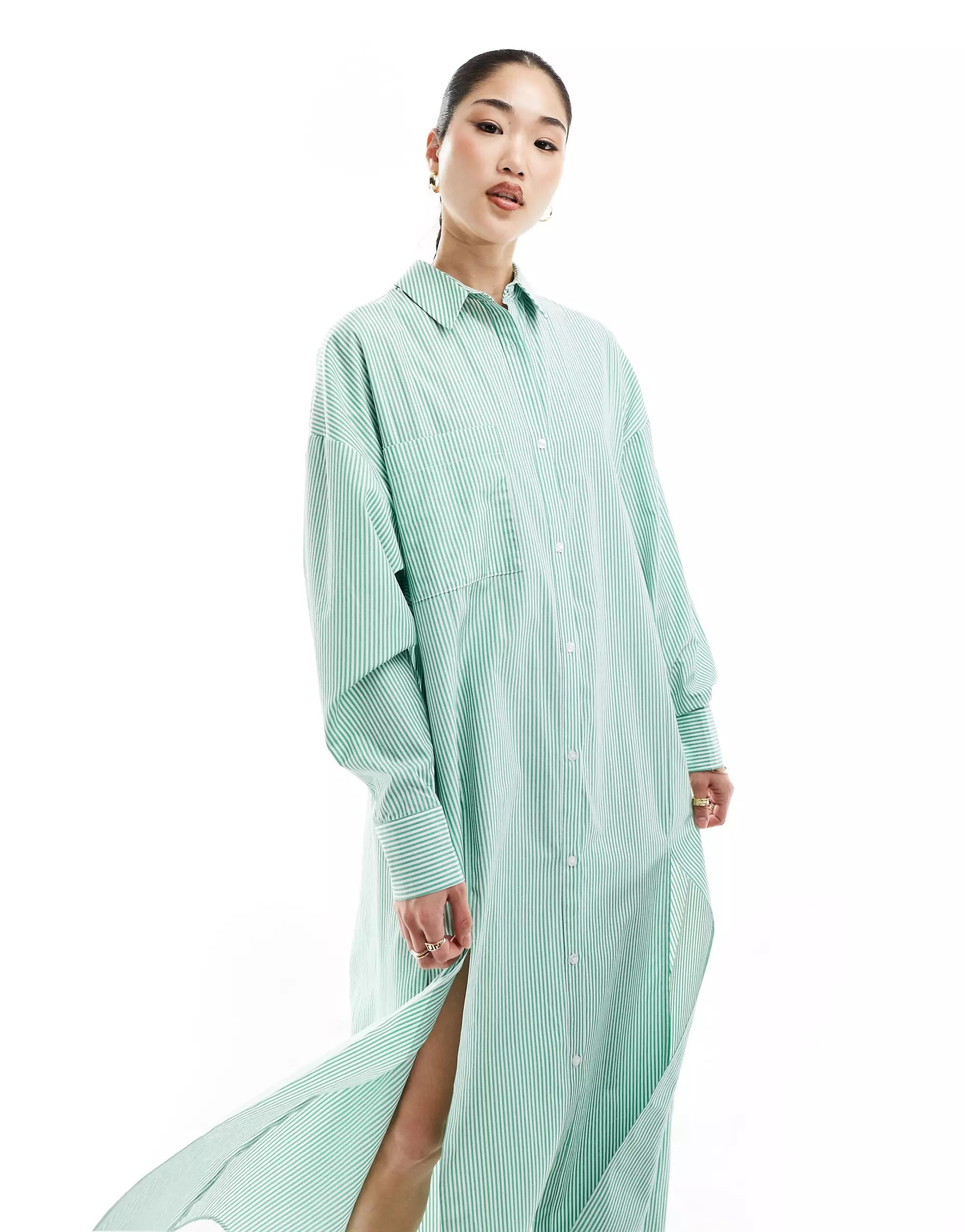 ASOS DESIGN maxi shirt dress with high double split in green & white stripe | ASOS | ASOS (Global)