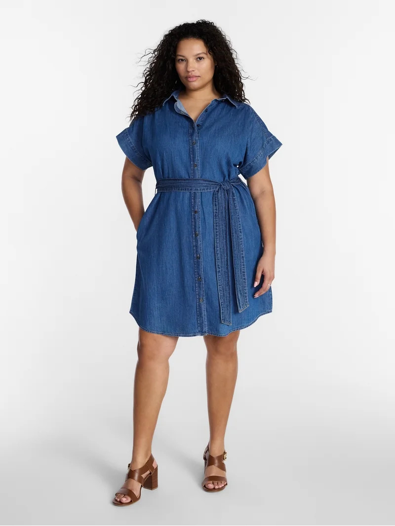 Terra & Sky Women's Plus Mini Denim Shirt Dress, Sizes 0X-5X | Walmart (US)