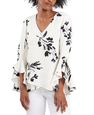 Vince Camuto Women's Floral Whisper Printed Flutter-Sleeve Blouse - Macy's | Macy's