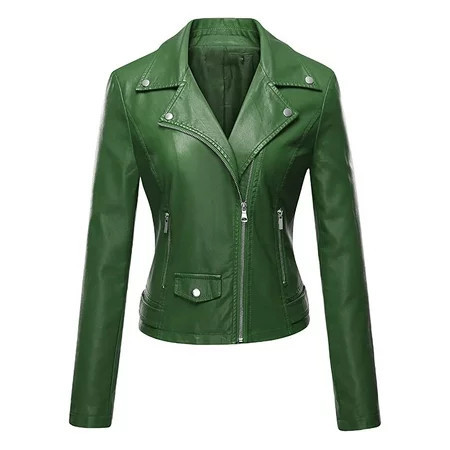 SELONE Faux Leather Moto Jacket Cropped Long Sleeve Jacket Lapel Short Zip Up Coat Slim PU Outerwear with Pockets Winter Overcoat Outwear Coat Clothes for Women Outfits Green XL | Walmart (US)
