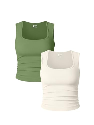 OQQ Womens 2 Piece Crop Tops Rueched Sleeveless Square Neck Stretch Basic Tank Shirts | Amazon (US)