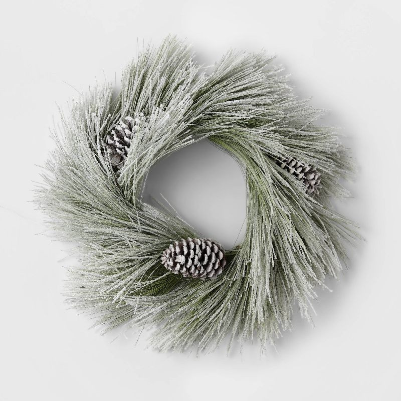 22" Pre-lit Battery Operated LED Flocked Long Needle Artificial Christmas Wreath Warm White Light... | Target